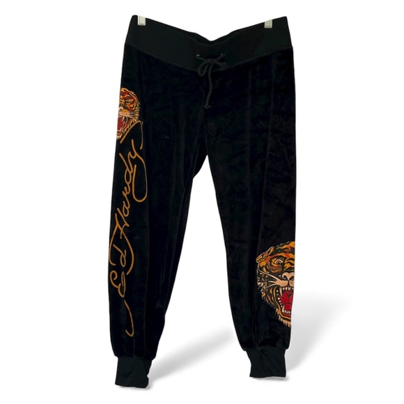 Ed Hardy Pants - Ed Hardy Joggers Black Size M Low Rise Velour Tiger New